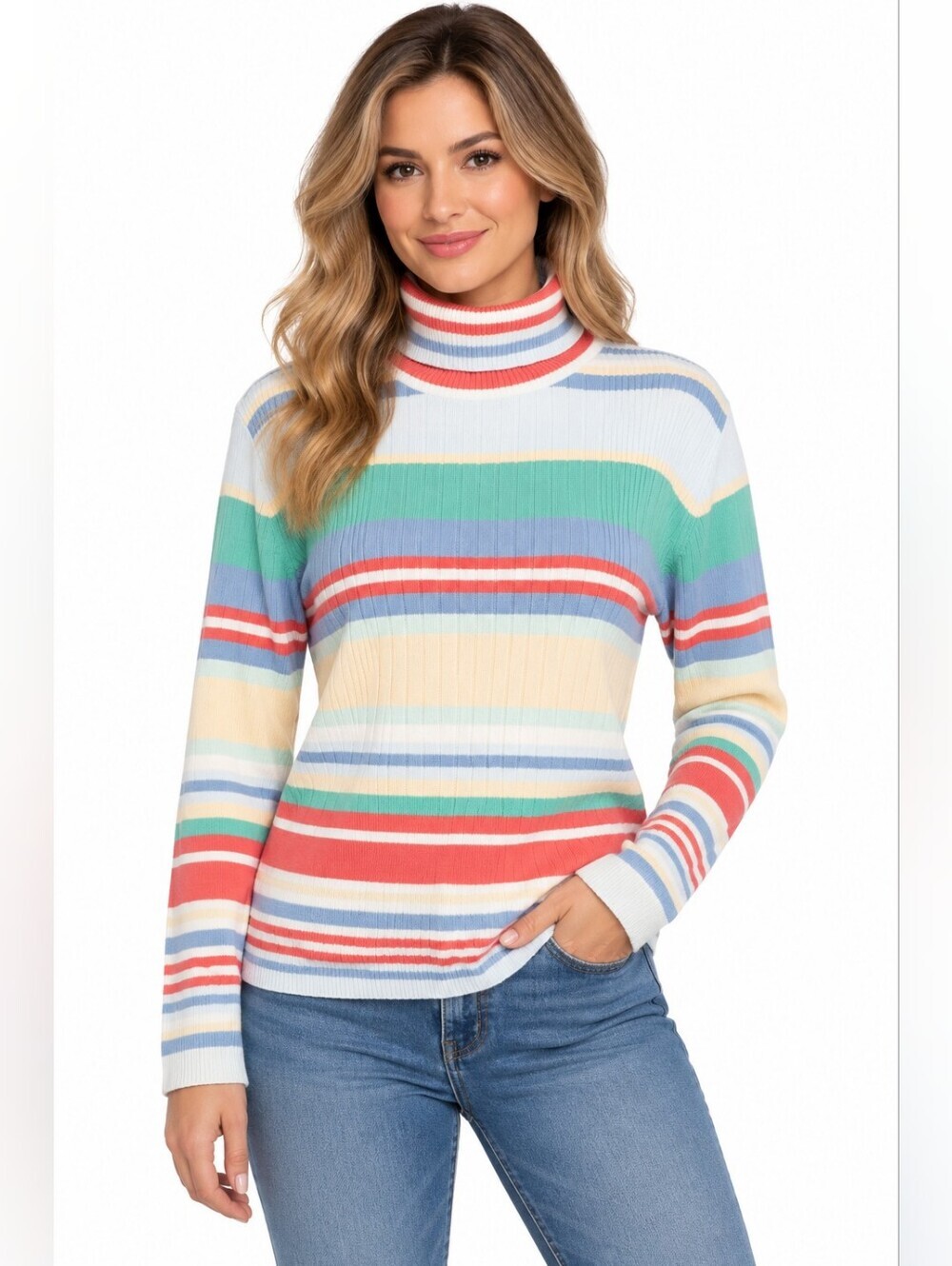 New York & Company Colorful Striped Turtleneck Sweater Boho Nautica XL Preppy